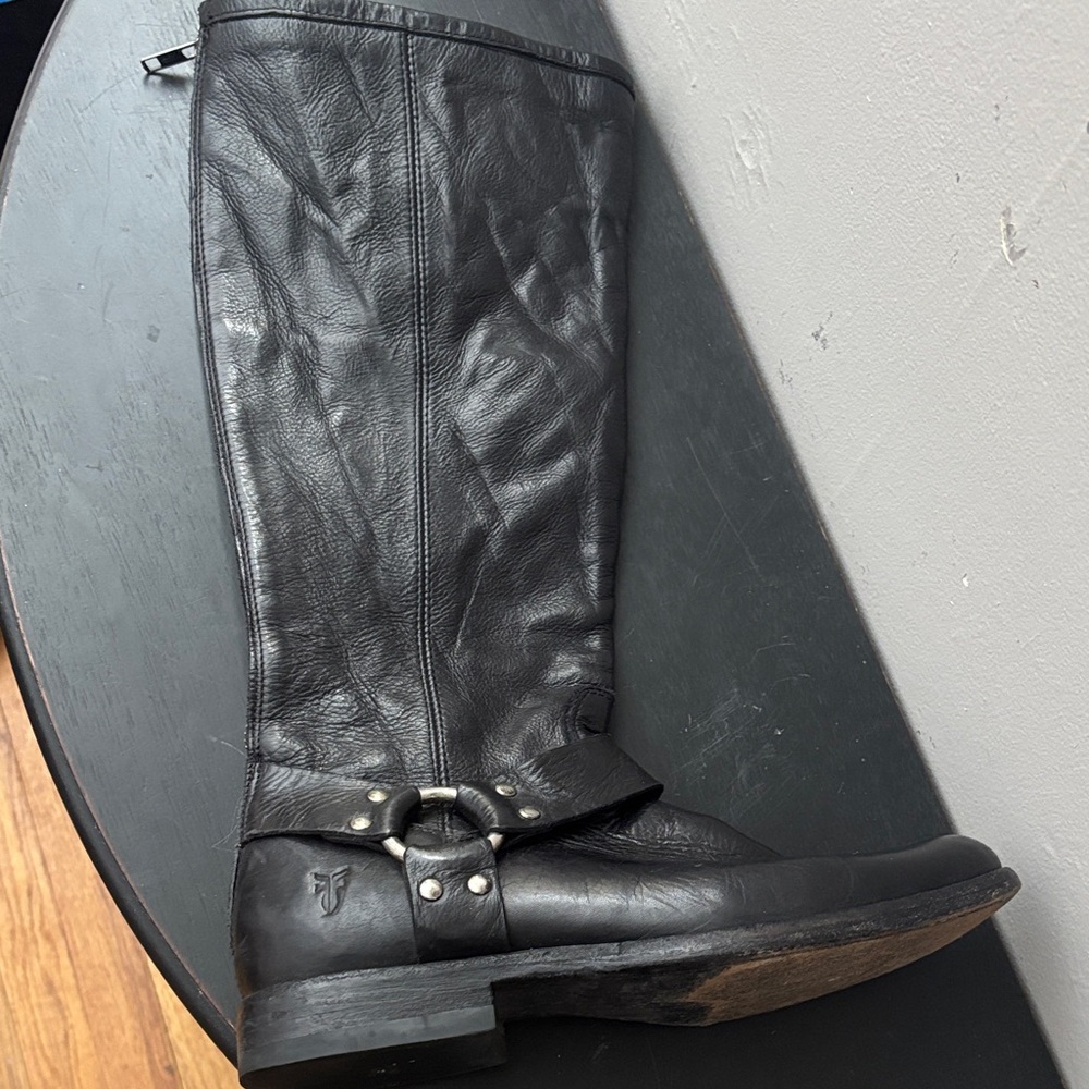 Frye Phillip Harness back zip Black Leather Knee-High Boots